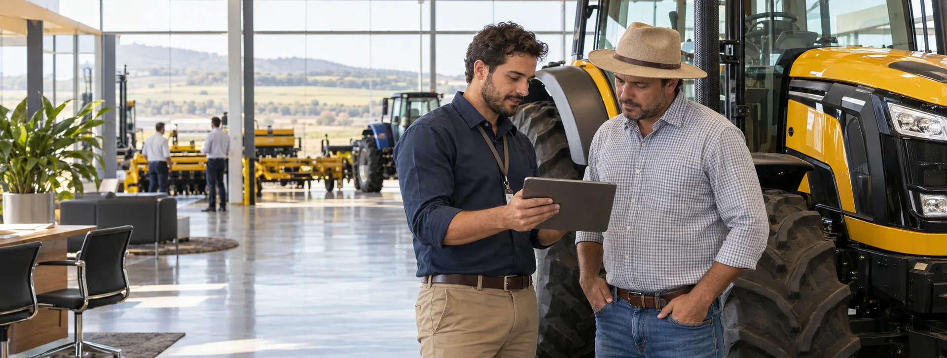 Vendedor de máquinas agrícolas orienta produtor em uma concessionária